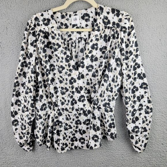 CAbi Blouse Womens Small Office Siren Ruched Sleeves Peplum V Neck Leopard Wrap - Picture 11 of 14